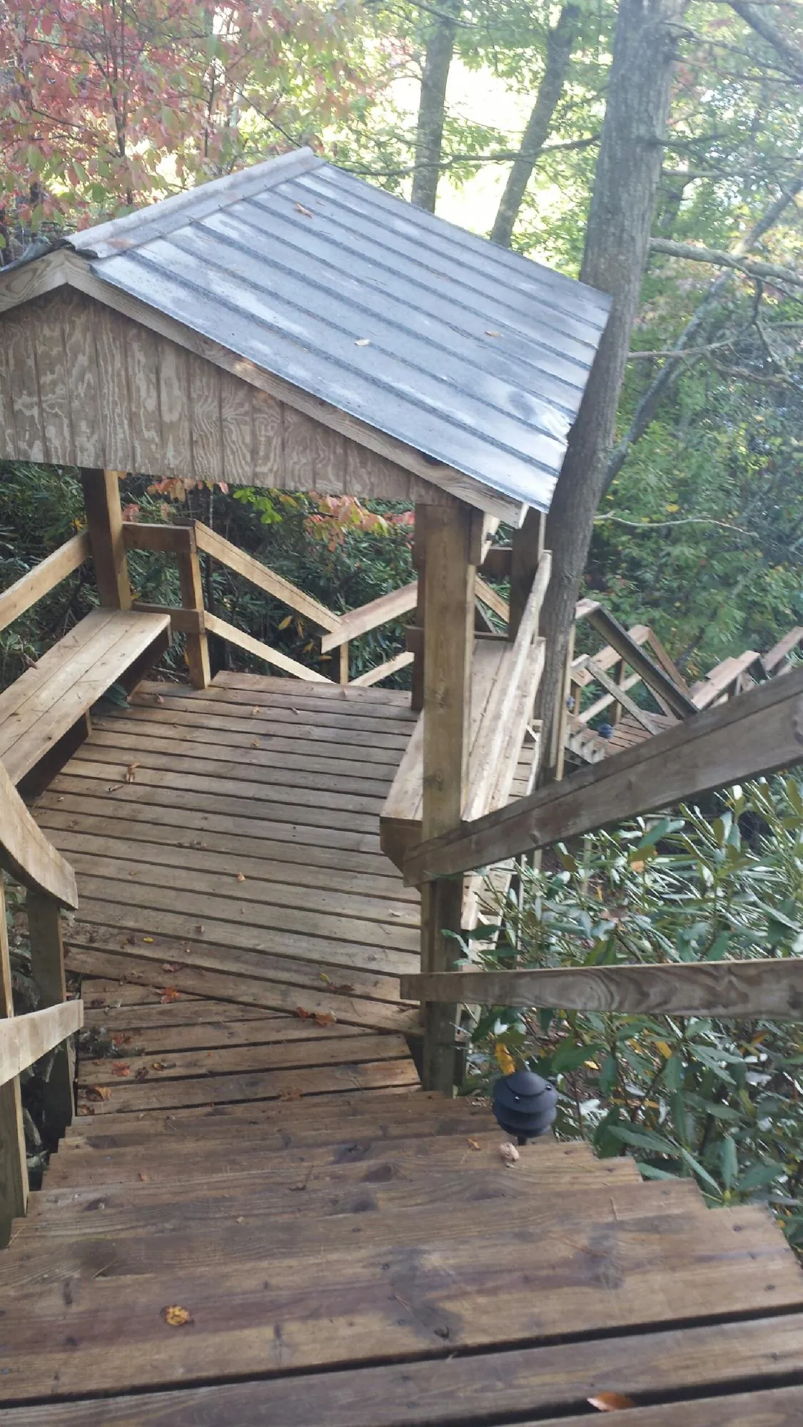 Metal roofed shelter over wooden steps on a wooded walkway — Skylight Repair & Installation work by our crew in Stilesville