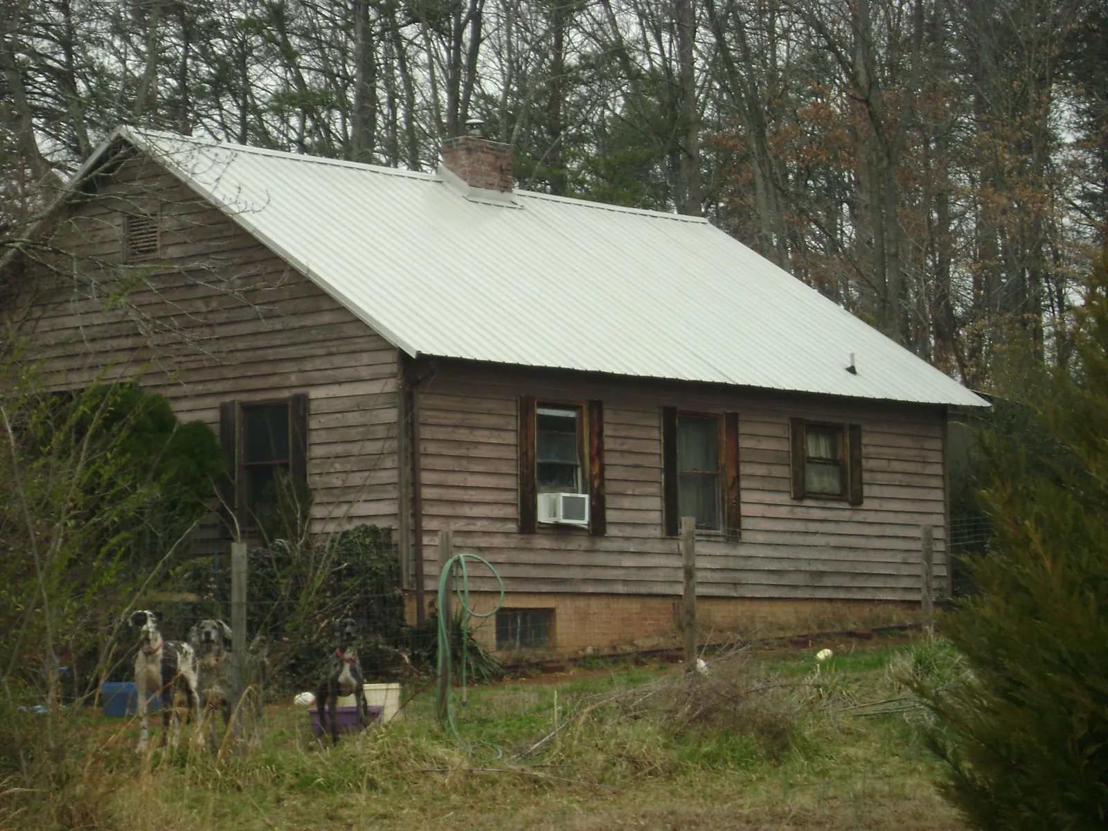 White metal roof on an old wood sided farmhouse in Stilesville